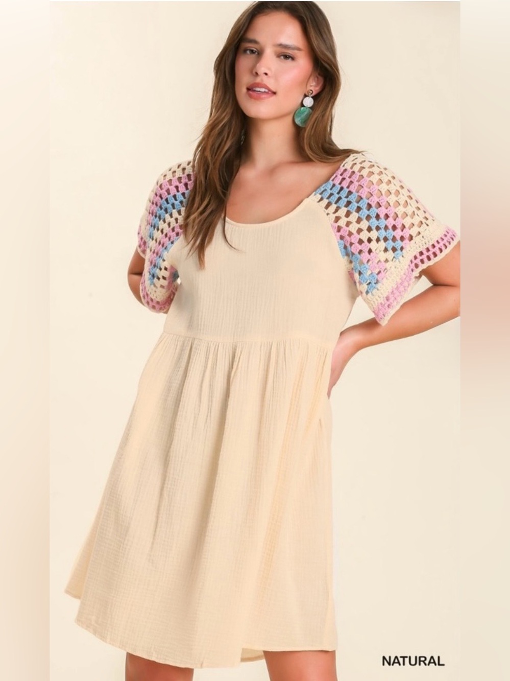 Umgee Women’s Gauze Natural Dress with Pastel Crochet Sleeves, Size Small, NEW